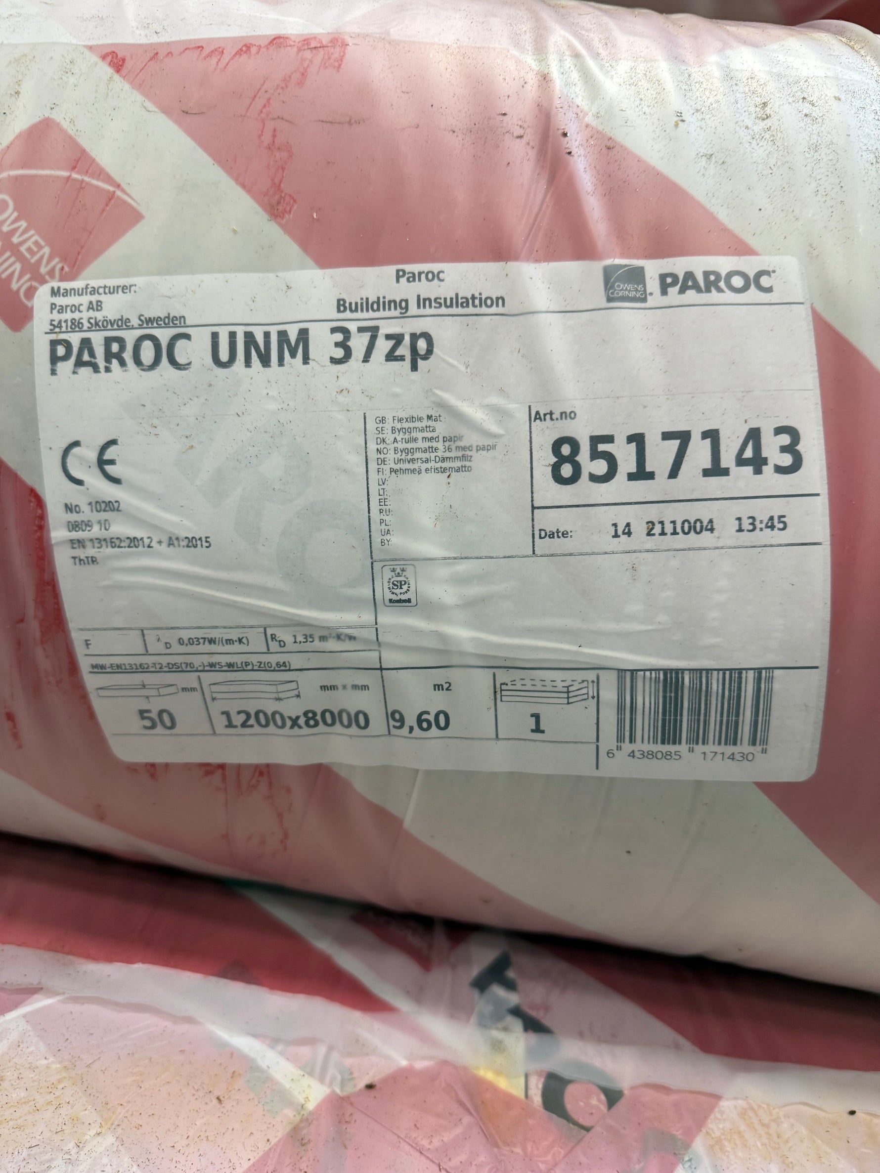 Paroc UNM 37zp Isoleringsrulle 50mm – 9,6 m²/rulle- Säljs per styck