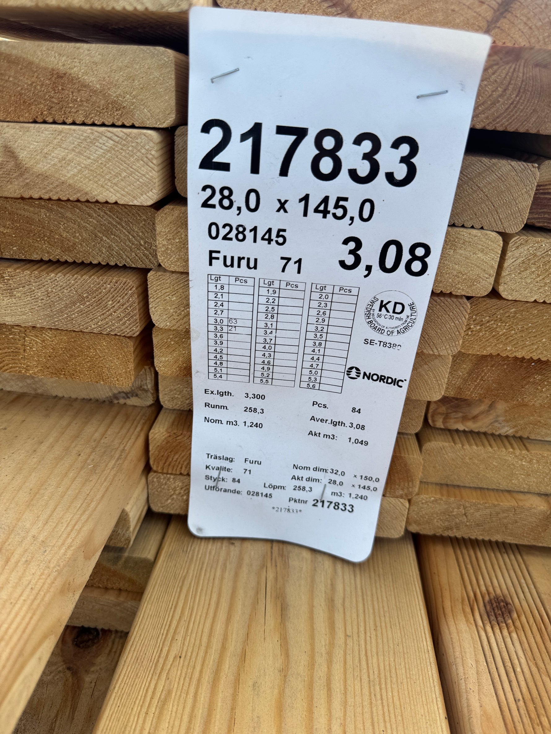 Paket Hyvlad 28x145 – 84st – 3.00–3.30 m – ANDRASORTERING
