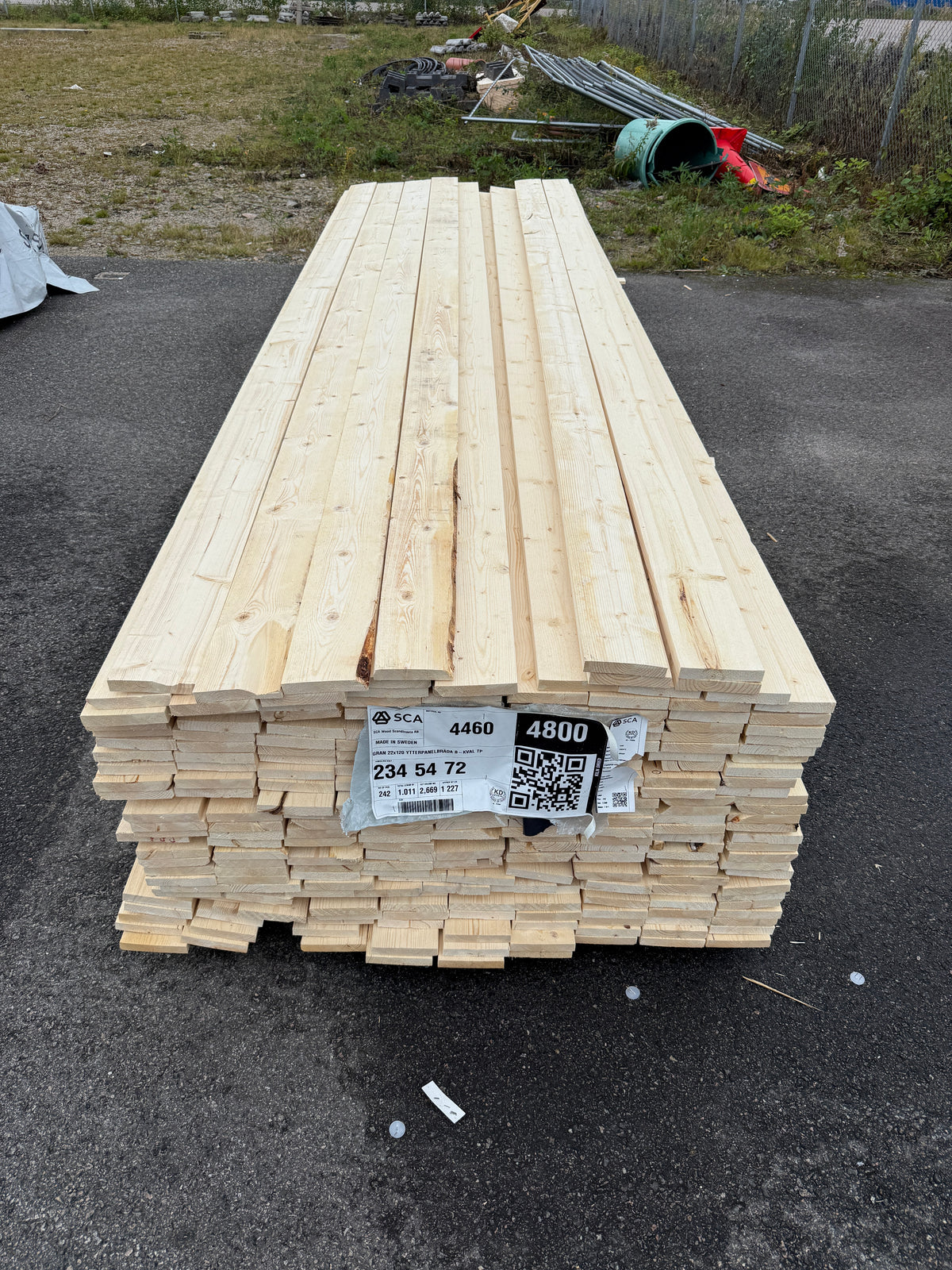 Parti Finsågade Brädor 22x120 mm – 3.60-4.80m (Andra sortering)