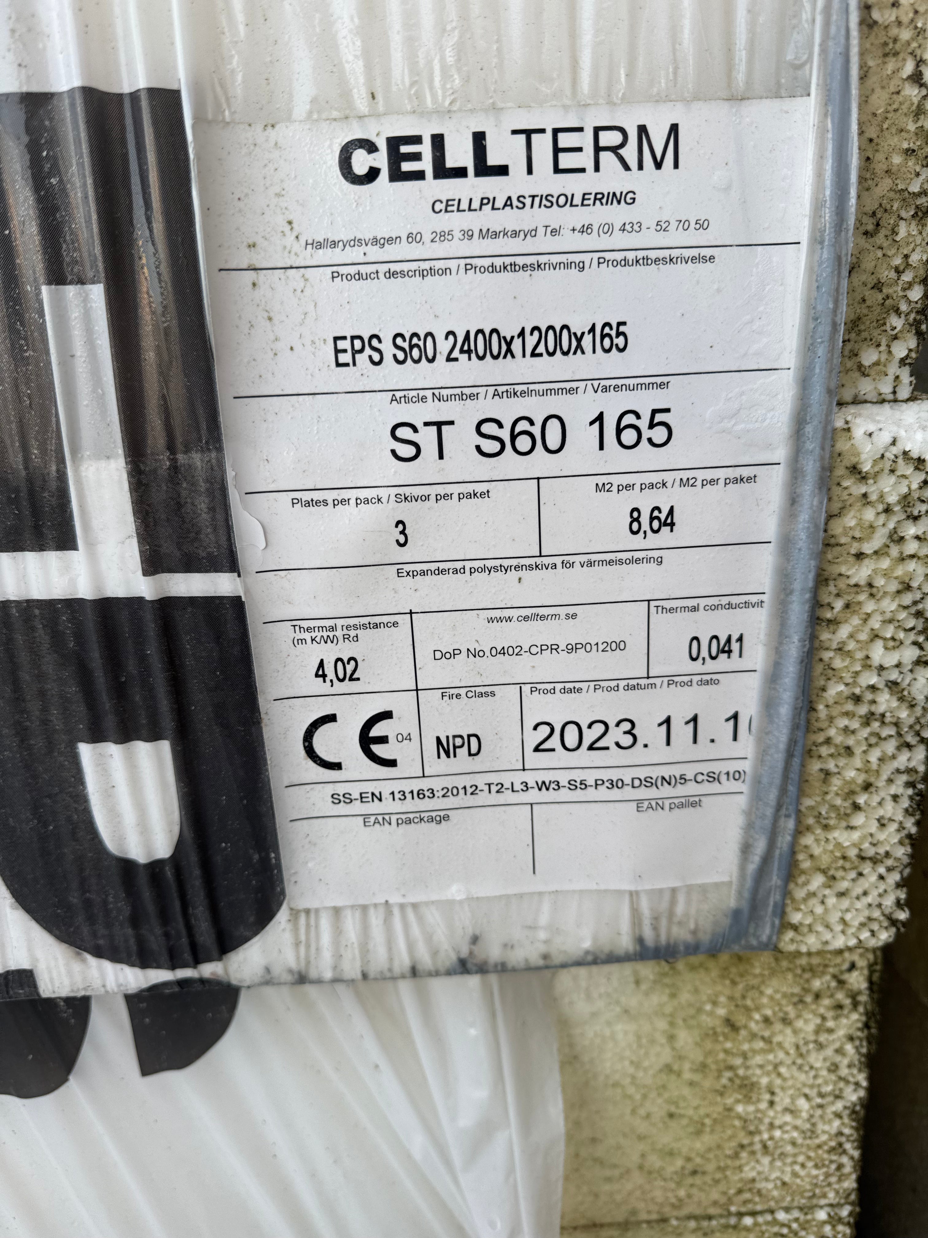 Cellplast EPS S60 – 2400×1200×165 mm (Per skiva)